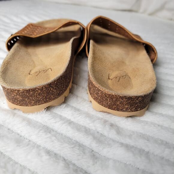 Woven Slide Sandals 7.5 Boho Cottagecore Cork Footbed Tan Leather Mules - Picture 5 of 6